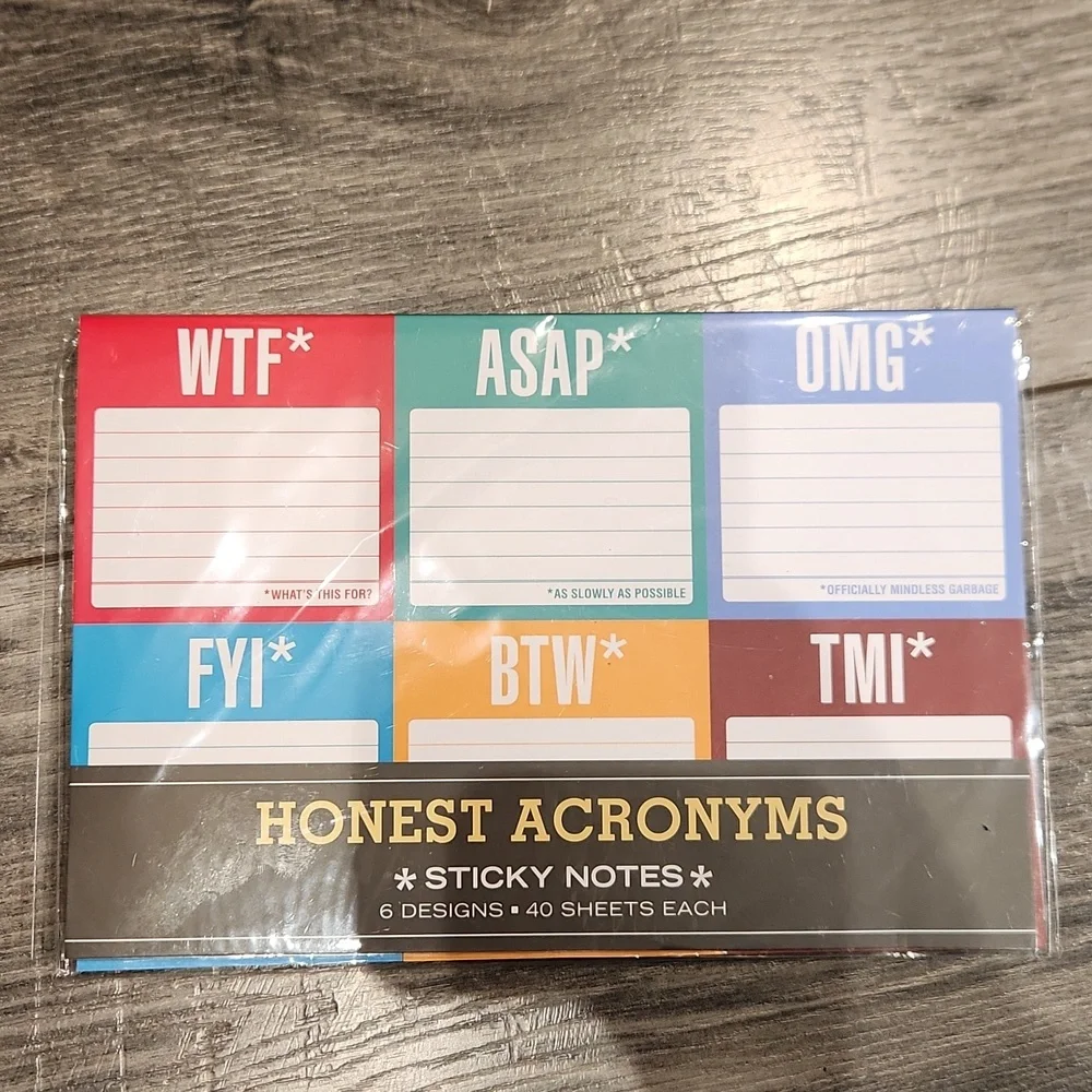 NWT Honest Acronyms Sticky Notes 6 Designs, 40 Sheets each